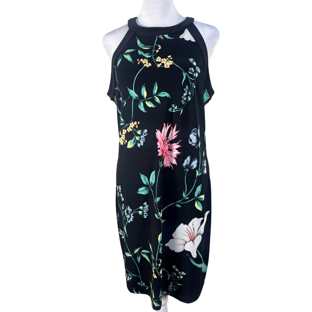 WHBM Floral‎ Halter Dress Women 8 Black New Sleeveless Botanical Shift